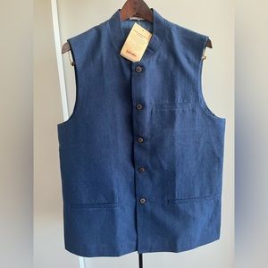 NWT Fabindia Men Sleeveless Jacket Vest Nehru Mandarin Collar Woven Cotto Blue M